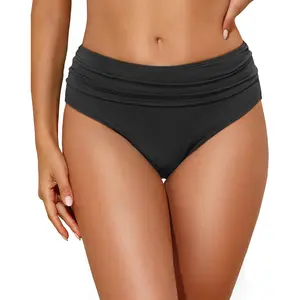 Women Mid Rise Bikini Bottoms Full Coverage Swimsuit Ruched Scrunch Swim Bottom