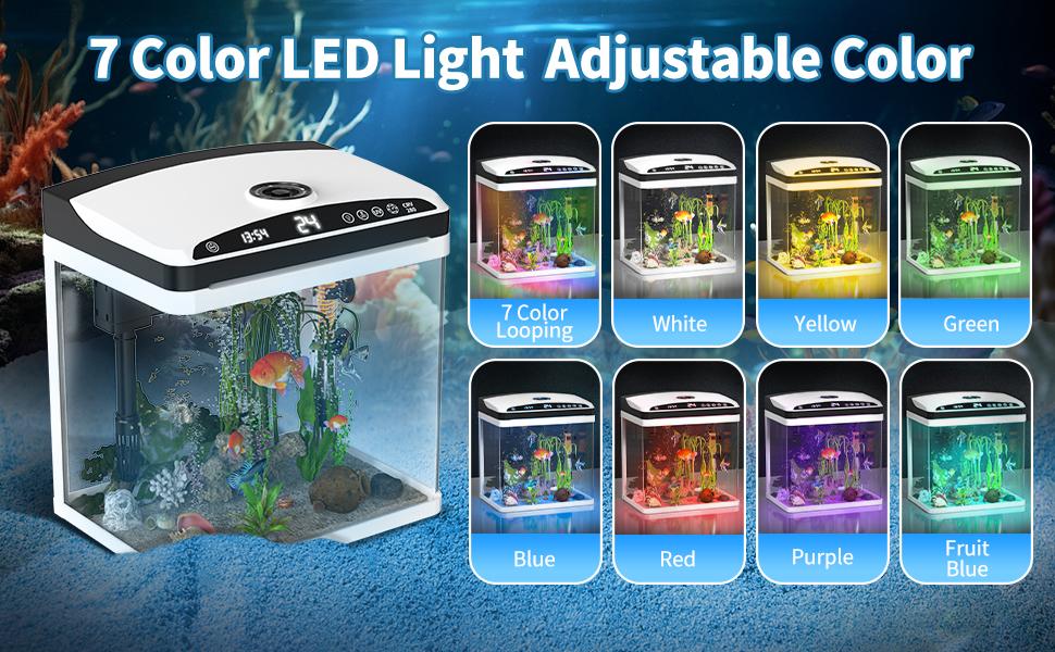 3 Gallon Fish Tank, Small Smart Aquarium with Filter, 7 LED Light,Temperature Display Suitable for Betta, Shrimp, Goldfish,Guppy Small Fish with Fish Net