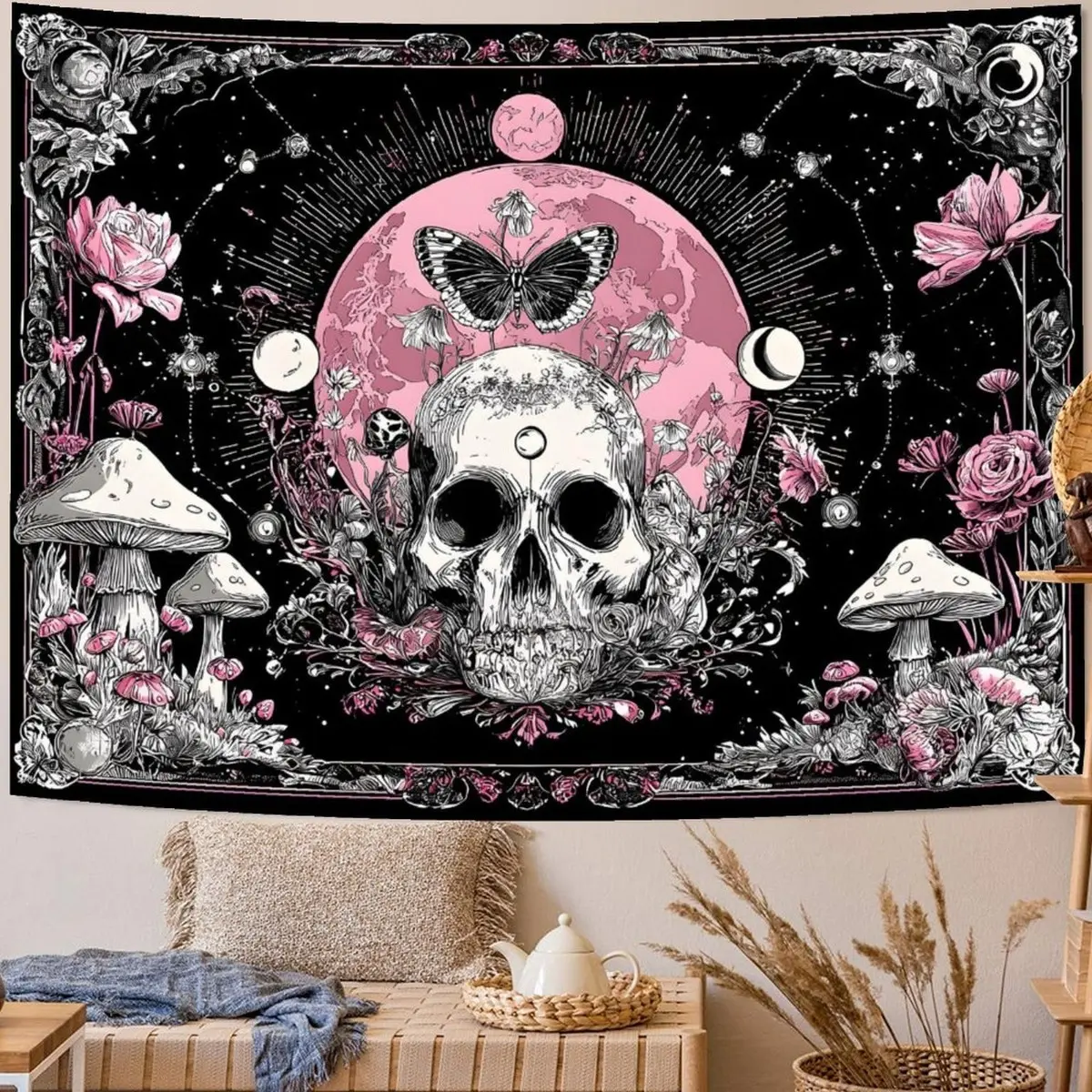 FAXDONG Gothic Bohemian Tapestry Wall Hanging - Pink & Black Skull & Mushroom Fantasy Art with Moon Phases, Roses, Floral Designs, Trippy Tapestry - Horizontal Fabric Wall Decor for Bedroom, Dorm, Parties - Boho Home Decor