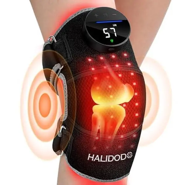 Cordless Heated Knee Brace with Vibration Massage, LED Red Light Therapy, 25-Inch Extension Strap & 2500 mAh Rechargeable Battery, Adjustable Universal Device for Adult Knee Pain Relief (Black)