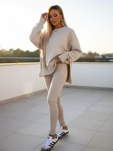 Two-Piece Set Women's Solid Drop Shoulder Split Hem Sweatshirt & Skinny Pants Set, Casual Fashion Fit Cozy Fabric Round Neck Long Sleeve Pullover & Leggings for Daily Outdoor Wear, Women's Clothing for Spring & Fall, Womenswear