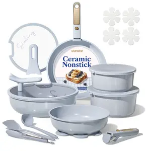 [Official] CAROTE Macaron Color 20Pcs Ceramic Cookware Set Stand-Up Lid with Detachable Handle Set, Non Stick Pots and Pans Set Non Toxic, PFAS Free