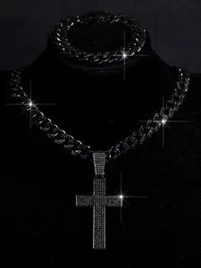 3pcs Punk Exquisite Colorful Glittering Cross Pendants, Cuban Chain Necklace Bracelets Set for Men Women, Daily Wear Religious Jewelry, Zinc Alloy Jewelry Set