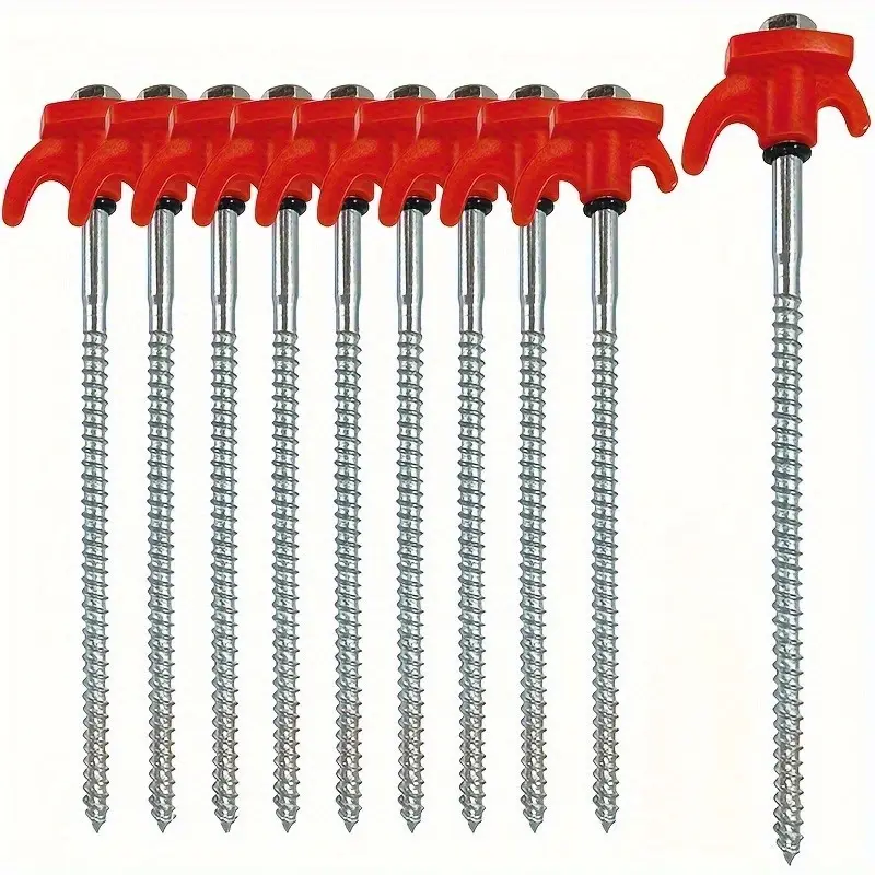 Heavy-Duty 4pcs Iron Hexagonal Threaded Tent Stakes - Red Plastic Handle & Metal Screws - Camping, Hiking, and Outdoor Gear Accessories - Outdoor Camping Equipment - Outdoor Camping Supplies - Sleek Finish | Metallic Screw Thread - Outdoor Accessory