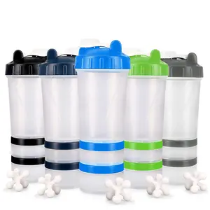 15oz Protein Shaker Bottle BPA-Free with Mixing Ball 2 Storage Jars Measurement Markers for Gym Supplements Pre-Workout Travel Essentials
