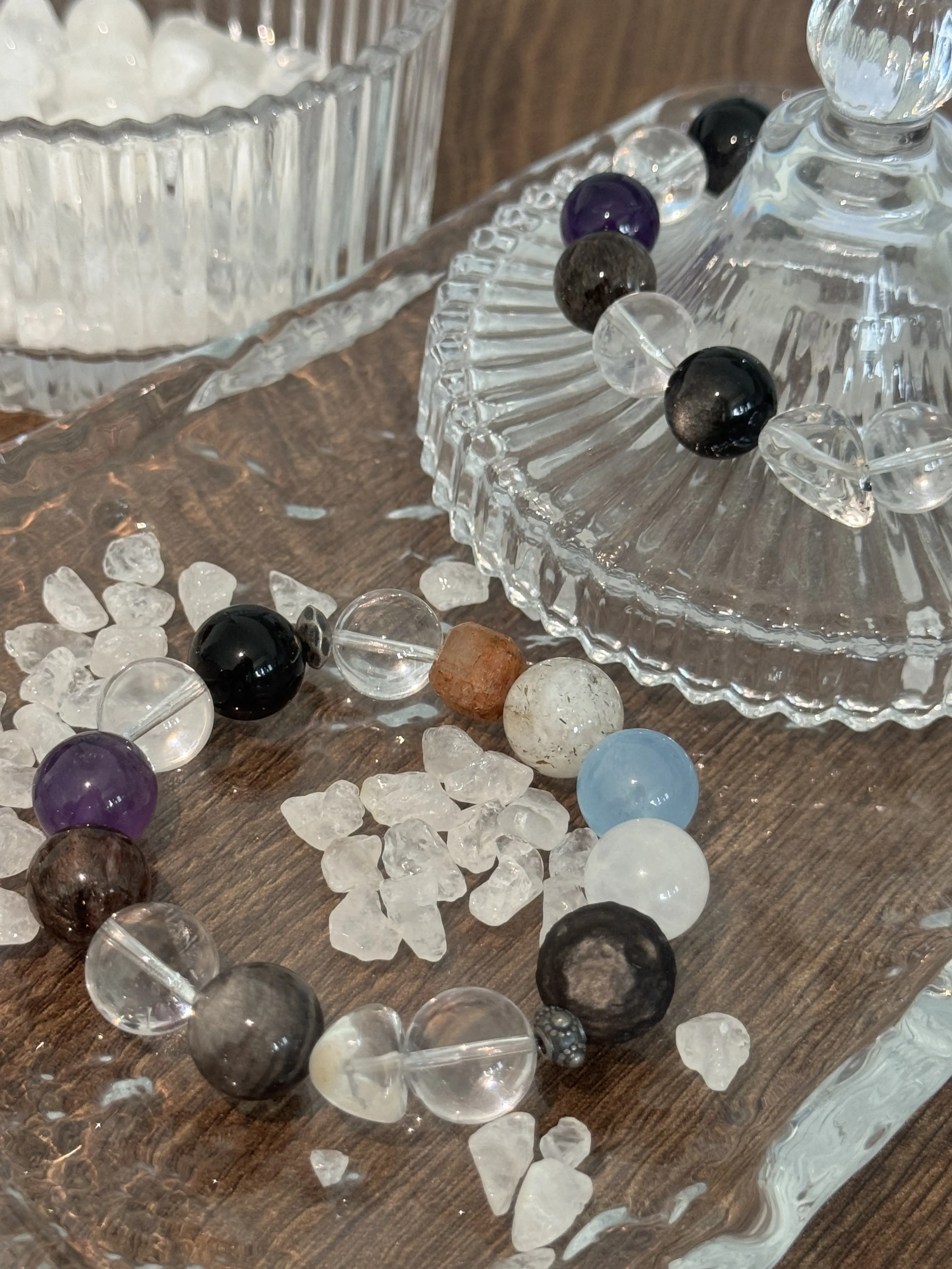 Unisex Mixed Crystal Bracelet Silver Obsidian Aquamarine Amethyst Rutilated Quartz Healing Bracelet