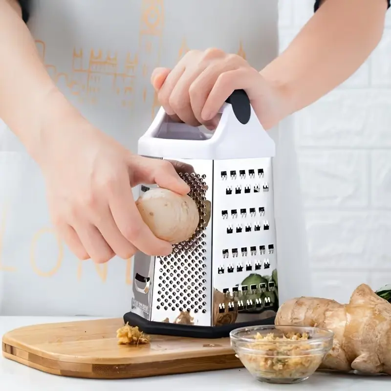 6-Sided Stainless Steel Box Grater with Handle, Manual Kitchen Cheese & Vegetable Cutter, Ergonomic Design, Sturdy Construction, Vegetable Shredder, Onion Potato Grater