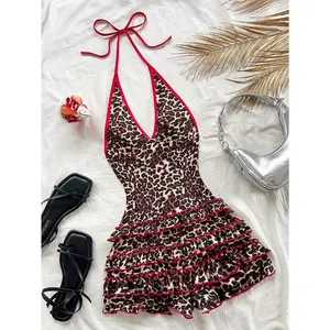 Leopard Sleeveless Halter Romper Y2K V Neck Layered Ruffle Cheetah Shorts Jumpsuit Club Clothing Leopard Sleeveless Halter Romper Y2K V Neck Layered Ruffle Cheetah Shorts Jumpsuit Club Clothing