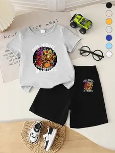 Summer Boys' T-Shirt Short Sleeve + Loose Shorts Set, Cartoon Print Five Nights at Freddy's, High Stretch Waist, Comfortable Casual Wear