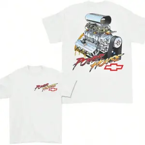 Men's Classic Round Neck Short-Sleeve T-Shirt - Chevy Block Power House Design, Combed Cotton, Soft, Full-Color Double-Sided Print, Loose Fit, Casual, Easy to Match