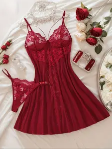 Women's Sexy Lace Patchwork Off-Shoulder Cami Dress, Single Layer Semi-Transparent Embroidered Bra Design Sleepwear Loungewear, Soft Comfortable Nightgown