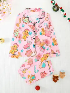 Girls' Christmas Set, Long Sleeve Top & Elastic Waist Pants, Fire-Resistant Knit Fabric, Casual Sleepwear for All Seasons, Pajamas Christmas