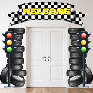3 pieces of racing background decorations, festive party decorations with checkered flag banners, props for boys and girls' birthday party themed photo booths, baby showers, and "A Happy Guy" supplies