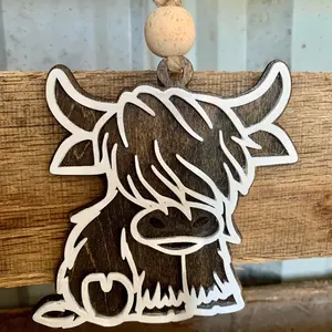 Highland Cow Ornament, Country Western Car Charm, Cowgirl Farmhouse Decoration, Durable Hanging Wooden Accessory, Southern Handmade Gift