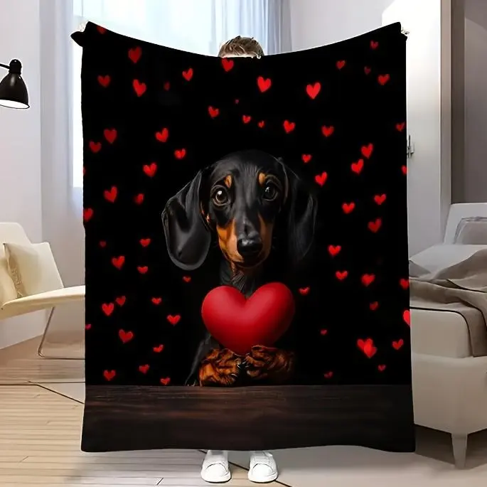 Retro Valentine Cute Dachshund Heart-Themed Printed Fleece Blanket - Soft, Warm, Durable, Breathable, All Seasons Use - Machine Washable Multifunctional Gift for Sofa, Bed, Multi-Season Use