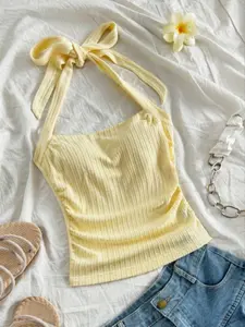 Summer Boho Colorblock Knit Halter Top, Comfortable Tie Backless Neckline, Casual Korean Fashion Women's Sleeveless Blouse for Daily Wear