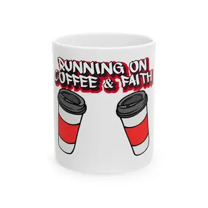 Running on Coffee & Faith Ceramic Mug - 11oz & 15oz, Inspirational Coffee Cup for Daily Motivation