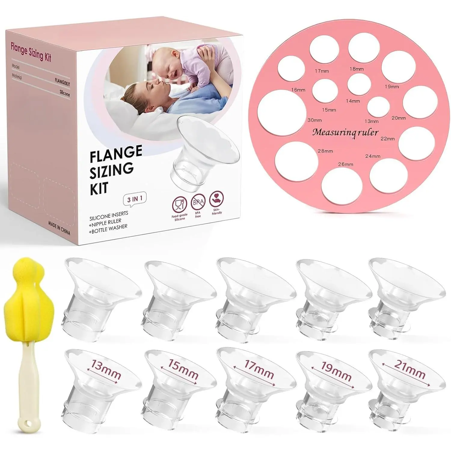 Flange Inserts 10PCS 13/15/17/19/21mm  24mm Flanges/Shield of Most Pumps, Flange Sizing Kit Silicone Flanges Insert, Breastfeeding Essentials Kit  New Moms