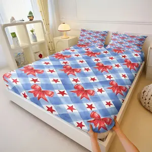 3Pcs Patriotic Star & Bow Tie Fitted Sheet Set, Cheerful Light Blue Gingham Design, Red and White Accents, Soft and Comfortable Bedding for Festive Bedroom Decor, Ideal for Summer Celebrations Includes 2 Pillowcases, No Pillow Core