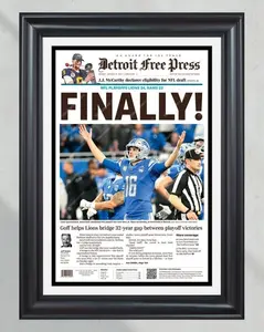 2024 Detroit Lions Historic Playoff Victory 'FINALLY!' Unframed Poster - Jared Goff Era Newspaper Print - Ford Field Football Wall Art - Lions Fan Gift