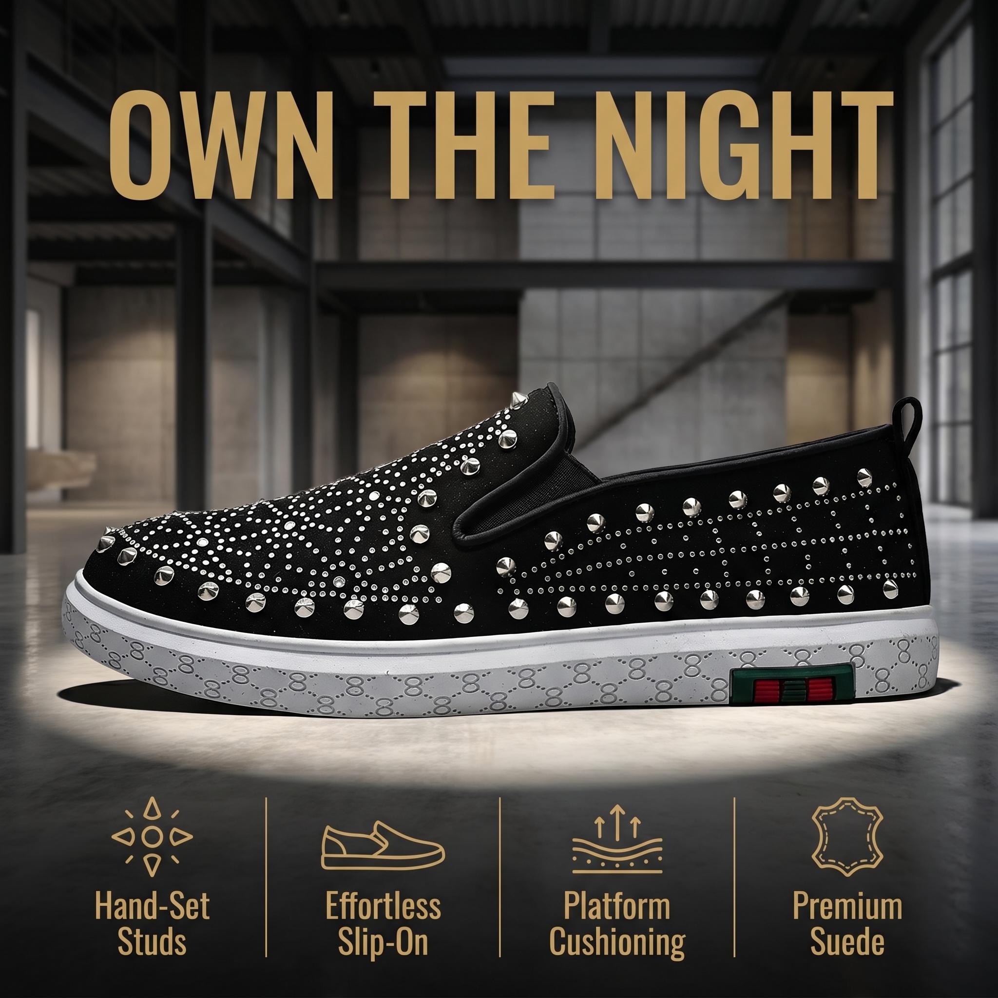 Men's Luxury Rhinestone & Rivet Studded Slip-On Loafers - Fashion Bling Platform Sneakers, Comfortable Sparkly Walking Shoes for Nightclub, Party, Prom