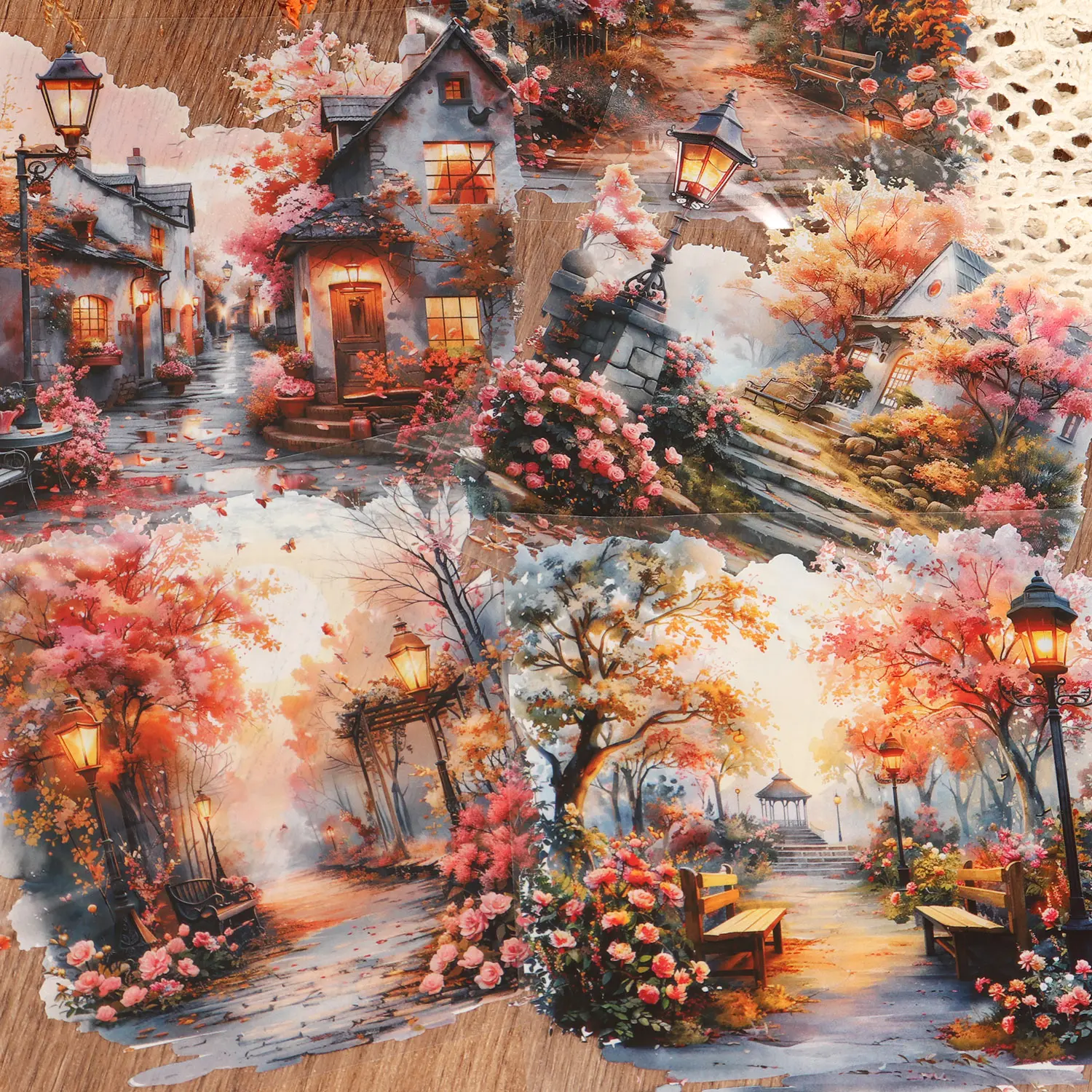 JAIIMAN 10sheets PET Watercolor Vintage Cherry Blossom Park Large Size Self-adhesive Sticker, Cherry Blossom Stickers, Decorative Stickers, Transparent Decoration Decals for DIY Landscape Creation, Junk Journals, Scrapbooking Supplies, Wall Decoration