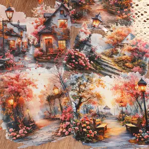 JAIIMAN 10sheets PET Watercolor Vintage Cherry Blossom Park Large Size Self-adhesive Sticker, Artistic, Arts Transparent Decoration Decals for DIY Landscape Creation, Junk Journals, Scrapbooking Supplies, Collecting and Gifting, Wall Decoration