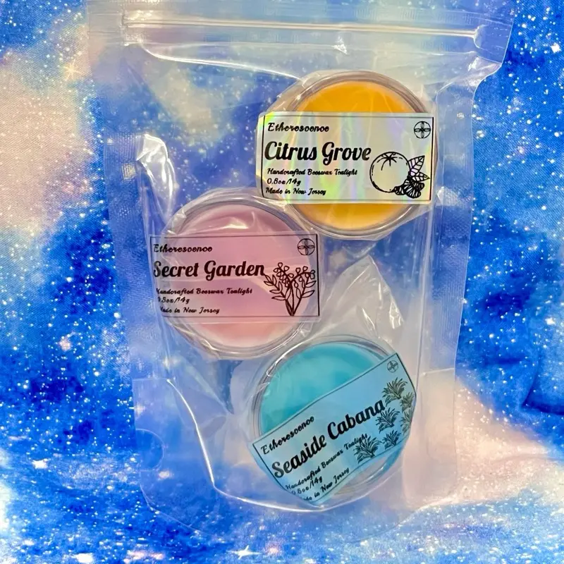 "A Scent Experience" Tealights Trial 3pk - Citrus Grove, Secret Garden, Seaside Cabana Handcrafted Beeswax Candles for Aroma & Decor, Woody, Floral, Oceanic Scents, Home or Gift - Set
