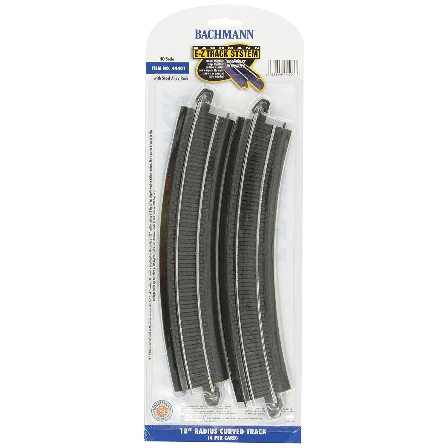 Bachmann Trains - Snap-Fit E-Z TrackÂ® 18 Radius Curved Track (4/card) - Steel Alloy Rail With Black Roadbed - HO Scale