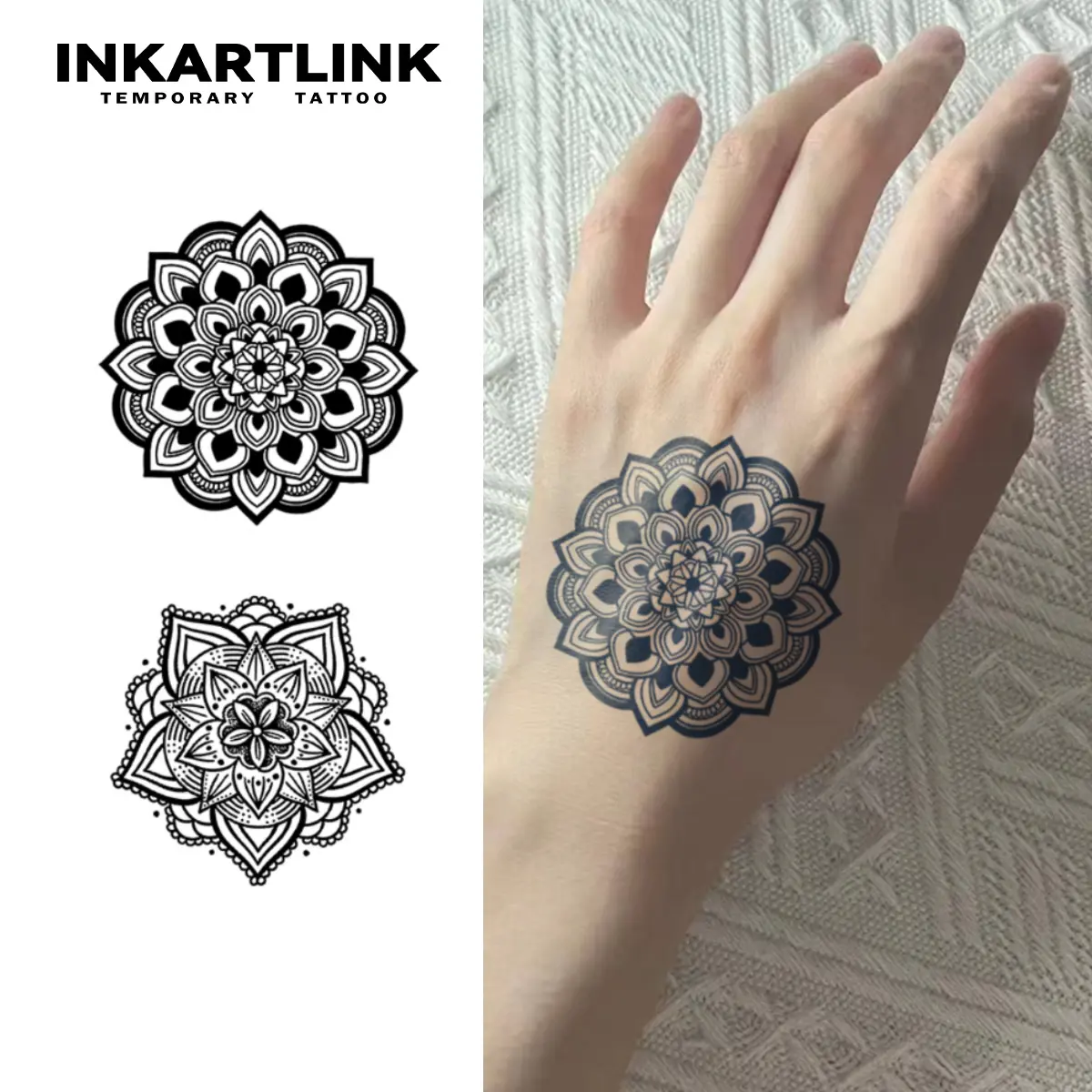 INKARTLINK Tattoo Tech, 2 Sheets Extra-Large Semi Permanent Tattoo, Adult Art Design Temporary Tattoos, Lasts 1-2 Weeks, Waterproof, Realistic Look, No Adhesive (Henna Flower Hand Design)