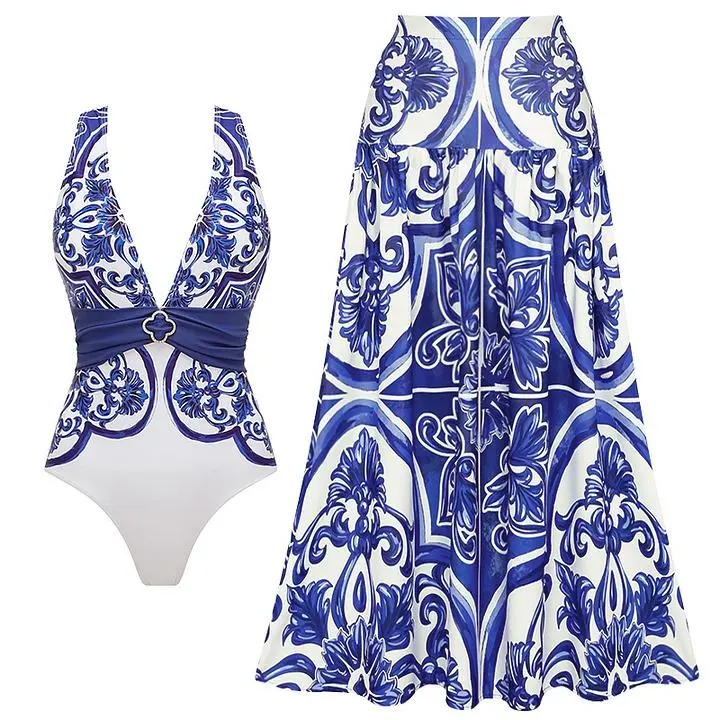 FLAXMAKER Women's V-Neck Classic Blue Majolica Print One Piece Swimsuit & Matching Cover Skirt Set Summer Swimdress Bathing Suit Stylish Beachwear#Summervibes #Summervibes outdoorfun #SwimWeek