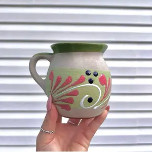 Green Pink Jarrito Coffee Mugs - Reusable Clay Design, Ideal for Coffee Drinking - Reuse, Drinkware, Washable Traditional Ceramic, Handmade & Decorated, Lead Free, Keeps Hot/Warm, 12oz Capacity - Tumbler mug Mexican ceramic mug