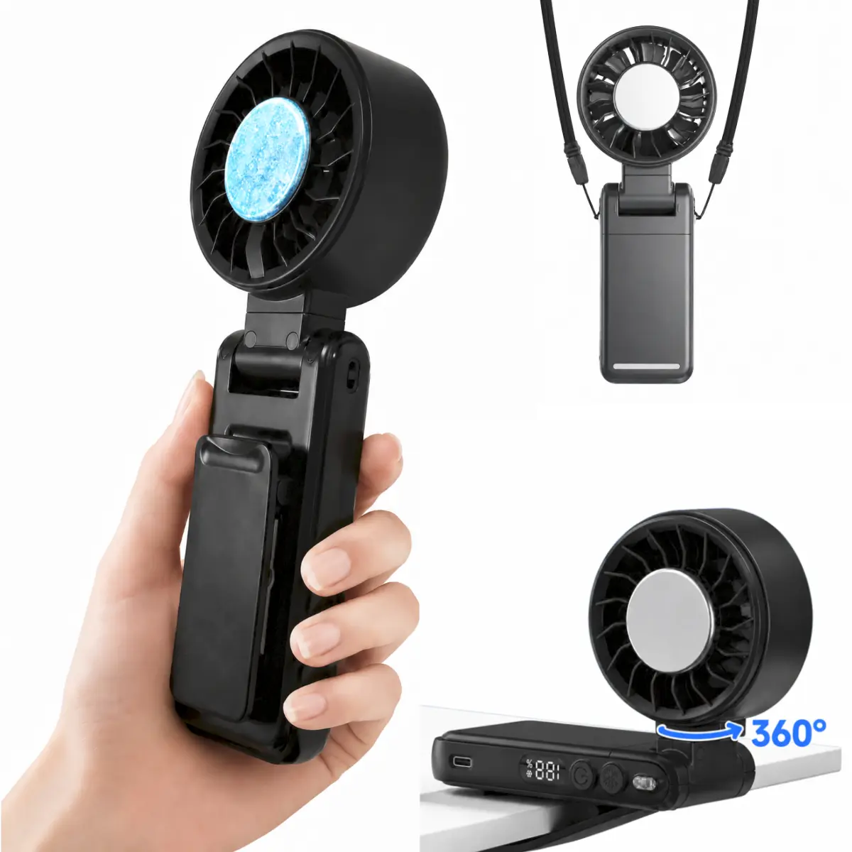 X50 【Foldable Portable Handheld Fan with Clip】Ice Cold Compress Design, 5 Speed Settings, 180° Up-Down & 360° All-Around Rotation, USB Rechargeable Mini Pocket Fan, Summer Essential for Travel Camping Beach