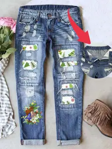 Christmas  Ripped Jeans for Women Plaid Patch Boyfriend Skinny Distressed Denim Jean Pants