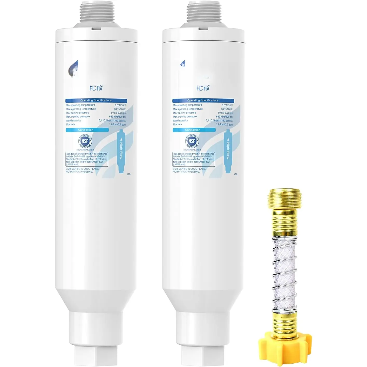 2-Pack NSF Certified RV Inline Activated Carbon Water Filter with Plastic Housing, 20 Micron, Chlorine Reduction, 3 Months Lifespan, Reduces Bad Taste & Odor, Includes Anti-Kink Flexible Hose Protector, for RVs, Camping, Gardening