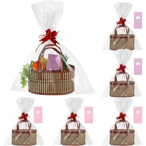 6 Set Baskets for Gifts Empty, Large Woven Wood Basket Kit with Gift Bags, Bows, Cards, Rustic Style Foldable Gift Baskets for Christmas, Shower, Birthday, Housewarming, Bulk Wrapping Basket (Brown)
