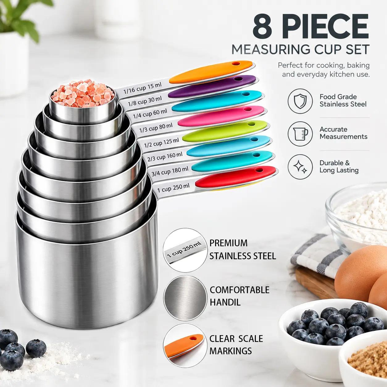 8-Piece Stainless Steel Magnetic Measuring Cup Set with Silicone Handle, for Dry & Liquid Ingredients, Baking & Cooking Kitchen Utensils, Kitchen Supplies - Black