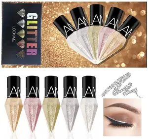5 pcs Glitter Liquid Eyeliner Colorful Set,5 Colors Metallic Shimmer White Silver Gold Diamond Eye Liner, Glitter Eyeliner Korean Makeup, Waterproof Long Lasting Glow Eyeliner Sparkle Eyeshadow Makeup