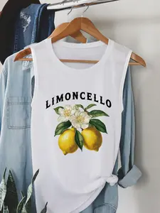 Women's Lemon Print Round Neck Tank Top, Casual Sleeveless Top for All Seasons, Ladies Clothes for Daily Wear, Socks