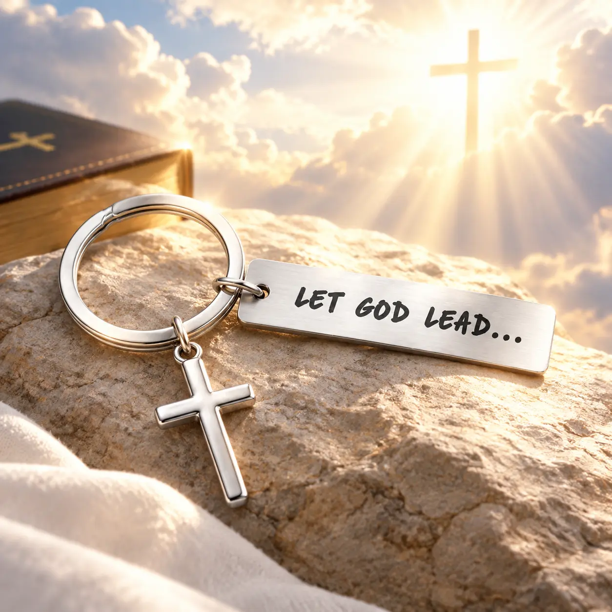 Let God Lead Cross Keychain, Christian Faith Keyring with Inspirational Scripture Charm for Women Men Teens, Religious Car Key Accessory, Bag Charm, Everyday Carry Gift, Baptism Confirmation Easter Birthday Gift Idea