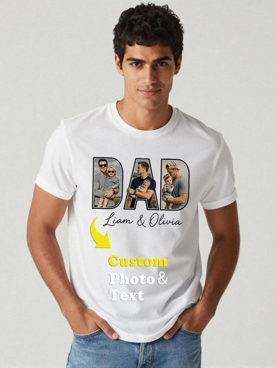 Carpesun Custom Dad Photo Frame T-Shirt, DAD Letter Kids Picture Cursive Name Graphic, Gentle Skin-Friendly Cotton Fabric, Heartfelt Personalized Gift For Dad