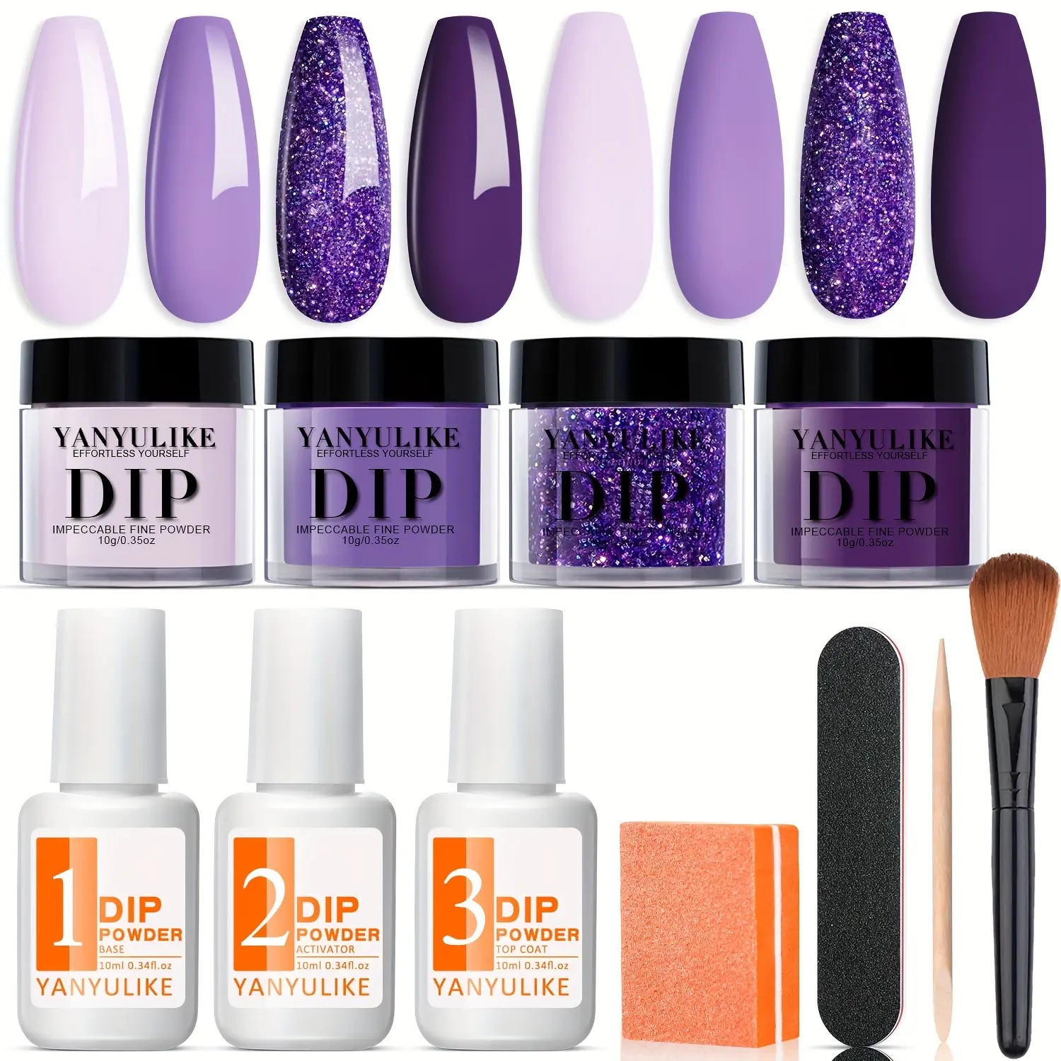 Dip Powder Nail Kit Starter, 4 Colors Lilac Lavender Purple Glitter Nail Dipping Powder Essential Liquid Set with Base Top Coat Activator French Nail Art Salon Beginner Kit Gift for Mom