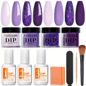 Dip Powder Nail Kit Starter, 4 Colors Lilac Lavender Purple Glitter Nail Dipping Powder Essential Liquid Set with Base Top Coat Activator French Nail Art Salon Beginner Kit Gift for Mom