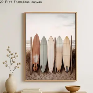 Surfboard Beach Poster, Neutral Coastal Wall Art with Vintage Surfboards on Sand, Minimal Summer Aesthetic Print for Living Room, Bedroom, Modern Beach Decor