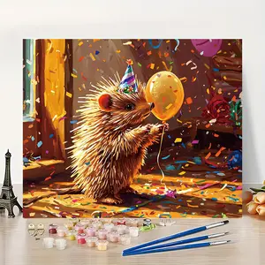 1Pc Little Hedgehog with Party Hat and Balloons DIY Paint by Numbers 16x20 Inch Unframed Acrylic Coloring, Diy Painting Supplies, for Beginners Cute Childlike Style Home Decor, Birthday/Parent-Child Interaction/Party Gift Hit