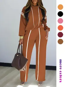 Women's Elegant Two-Piece Set Plain Long Sleeve Drawstring Hoodie & Straight Leg Pants, Casual Loose-Fitting High Waist