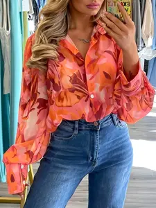 Plus Size Women's New Spring Summer Autumn Floral Print Elegant Loose Shirt, Single Button Collar Office Date Top, Plus Size Women's Shirt
