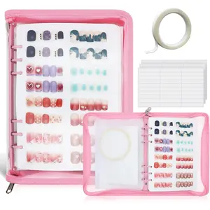 Press On Nail Storage Organizer Binder with 8 Insert Pages - A5 Size Reusable Fake Nail Swatch Collecting Book Polish Color Display Holder Container with Tape and Zipper Pocket (PINK)