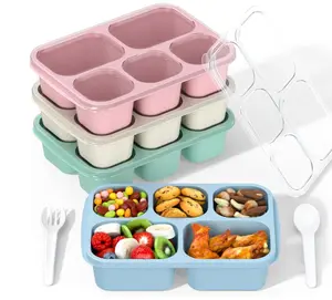 Bento Box Adult Lunch Box - 4 Pack, 5 - Compartment Meal Prep Container for Kids, Reusable Food Storage Snack Containers - Stackable for School, Work, and Travel (Wheat(Green/Blue/Pink/Beige))