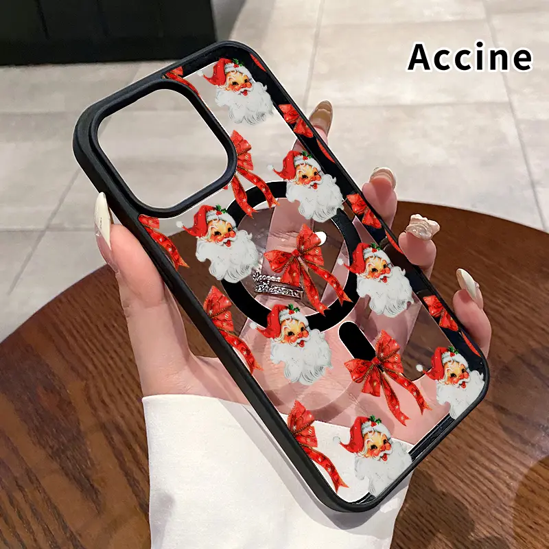 Transparent Magnetic Acrylic Back Smartphone Case - Durable, Shockproof, Drop-Protective with Raised Bezels for iPhone 17 Pro Max/16 Plus/15/14 Pro/14/13/12/11/Air E, Pocket-Friendly Santa Bow Wireless Accessory for Women (Gadget Gift)